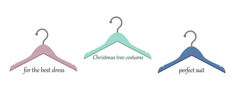 A set of stylish elements for advertising a clothing store. Hangers for dresses and suits in delicate colors with phrases. Realistic digital raster drawin