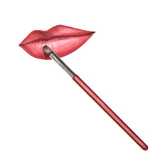 The process of applying red lipstick with a brush. The finishing touch to the makeup. Face makeup. Beauty and fashion concept. Watercolor illustration