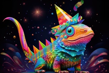 A brightly colored lizard wearing a party hat