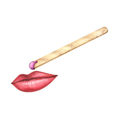 The process of applying wax over the lip. Facial hair removal. Wooden stick with wax. Beauty and fashion concept. Watercolor illustration