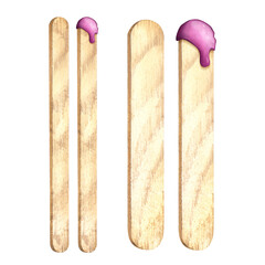 Wooden sticks for depilation. Spatula with pink wax. Watercolor illustration. Beauty salon concept. Professional cosmetologist. Depilation