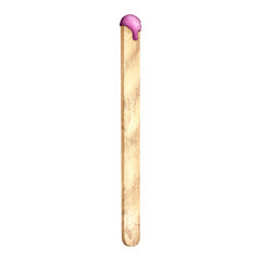 Wooden stick for depilation. Spatula with pink wax. Watercolor illustration. Beauty salon concept. Professional cosmetologist. Depilation