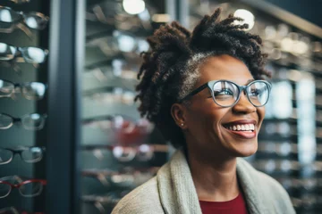 Fotobehang Attractive African American mature woman chooses and tries on glasses in an ophthalmology store © colnihko