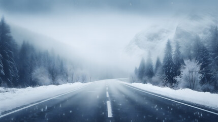 Une route sinueuse s'étend à travers une forêt enneigée dans une ambiance brumeuse.