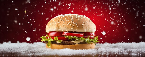 christmas background with a tasty burger, delicious food on red background, restaurant advertisement