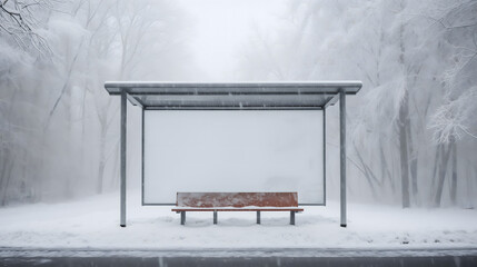 Un arrêt de bus vide dans un brouillard hivernal dense avec des arbres enneigés en arrière-plan.