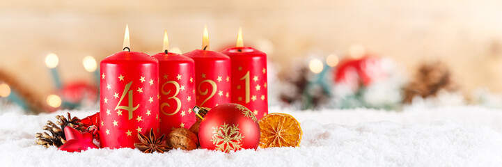 Fourth 4th Sunday in advent with burning candle Christmas time decoration banner with copyspace copy space - obrazy, fototapety, plakaty