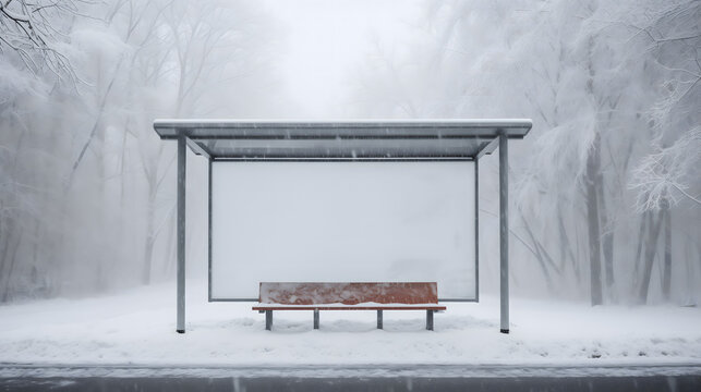 Un arr&ecirc;t de bus vide dans un brouillard hivernal dense avec des arbres enneig&eacute;s en arri&egrave;re-plan.
