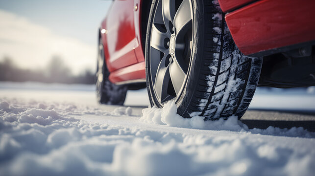 Le pneu d'une voiture &eacute;quip&eacute; d'un pneu d'hiver, avec la neige visible autour de la roue. La voiture est sur une route enneig&eacute;e.