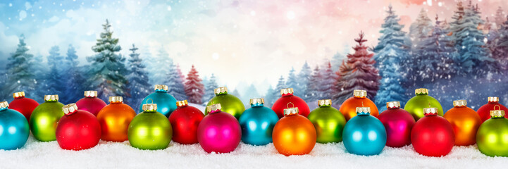 Christmas card with balls baubles and winter forest background banner copyspace copy space...