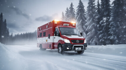Une ambulance avec des gyrophares allumés en train de rouler à travers une tempête de neige sur une route bordée de sapins. - obrazy, fototapety, plakaty