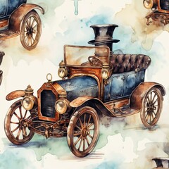 Watercolor hand drawn artistic retro steampunk car vintage pattern, AI generator - obrazy, fototapety, plakaty