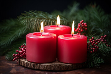 Obraz na płótnie Canvas Christmas candles with fir tree branches and berries on dark wooden background.