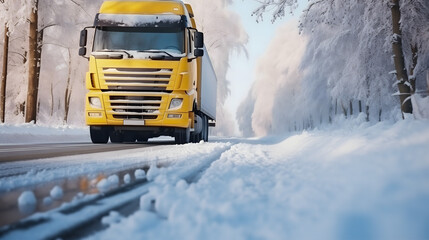 Un camion jaune avance sur une route enneigée bordée d'arbres couverts de neige.