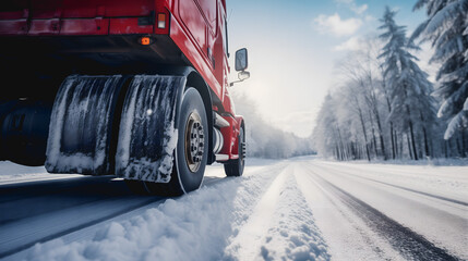 Un camion rouge circulant sur une route enneigée près d'une forêt de sapins sous un ciel clair. - obrazy, fototapety, plakaty