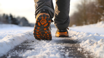 Les semelles de chaussures de randonnée sur un chemin partiellement enneigé, avec un paysage hivernal en arrière-plan. - obrazy, fototapety, plakaty