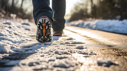 Les semelles de chaussures d'une personne marchant sur une route couverte de neige fondante, éclairée par le soleil hivernal.