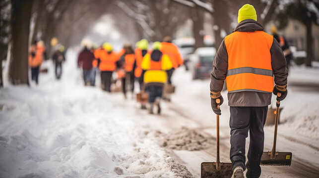 Un travailleur en gilet r&eacute;fl&eacute;chissant orange de dos, tenant une pelle &agrave; neige, avec un groupe de personnes en arri&egrave;re-plan faisant &eacute;galement du d&eacute;neigement.