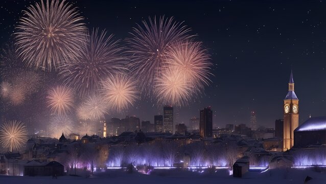 City night fireworks background. High resolution background with lighting effect and sparkle with copy space for text. Background images for banner and poster.