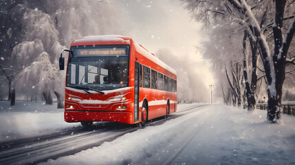 Un bus rouge circulant sur une route enneigée bordée d'arbres couverts de neige dans un paysage avec de la brume. - obrazy, fototapety, plakaty