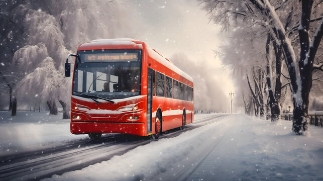 Un bus rouge circulant sur une route enneig&eacute;e bord&eacute;e d'arbres couverts de neige dans un paysage avec de la brume.