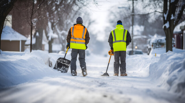Deux travailleurs avec des pelles d&eacute;neigeant un chemin dans une rue r&eacute;sidentielle par une journ&eacute;e ensoleill&eacute;e d'hiver.