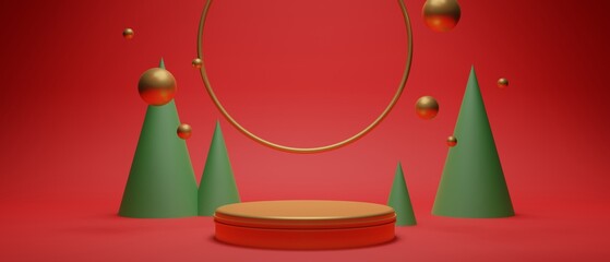 3d illustration rendering scene abstract background for merry xmas holiday decoration element, red wallpaper backdrop