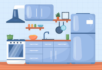 Kitchen room interior with furniture and appliances Modern indoor house design. Home art. Flat style vector. Cartoon illustration.