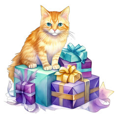 Cue yellow cat sitting on Christmas gifts, teal and purple color tones, watercolor illustration, isolated on transparent background