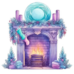 Cozy Christmas fireplace scene, teal and purple color tones, watercolor illustration, isolated on transparent background