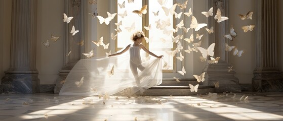 A dance of light and luxury. Marble stage adorned with golden butterfly wings and petite violets....
