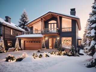 Modern Cozy wooden frame house with an attic and large windows with christmas trees and gifts in winter in the snow with Christmas decor 