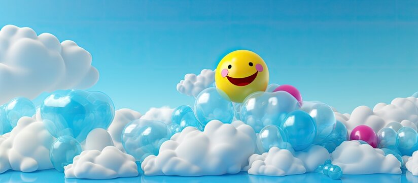 Naklejki In the colorful bubble a ai design of a blue cloud with a happy face and a love emoji character holding a balloon made everyone smile