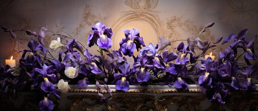 Sweeps of gold paint on ivory marble, backdrop for a crown of deep purple irises. Art design for wedding, jewel, gem, fashion, opulence, glamour.