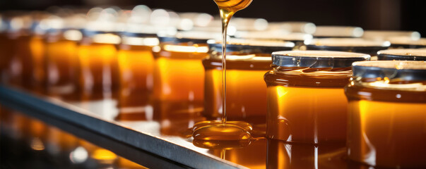 Filling empty jars with fresh honey in factory.