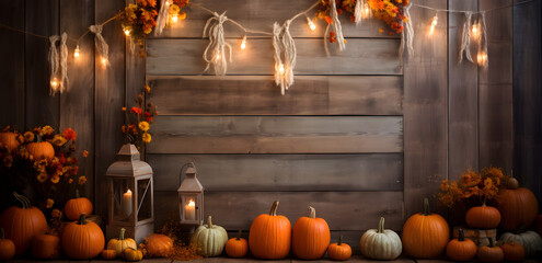 Thanksgiving background with pumpkins and lanterns on rustic wooden wall