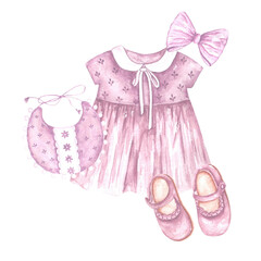 Girl vintage dress watercolor illustration. Little girl. Purple vintage dress, bib, bow, baby shoes. Birthday, baby shower. Boho. Illustration isolated. For printing on invitation, card, sticker