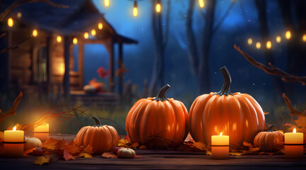 Obraz premium Thanksgiving background with pumpkins and candles. 3d illustration.