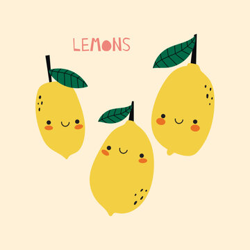 Hand drawl summer print with Lemon. Vector Lemon - character. Cute print for fabric or wallpaper.
