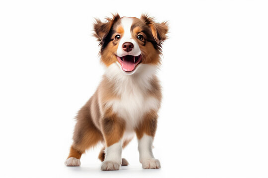 Funny australian shepherd puppy dog standing on hind legs. Cute brown playful dog or pet isolated on transparent background