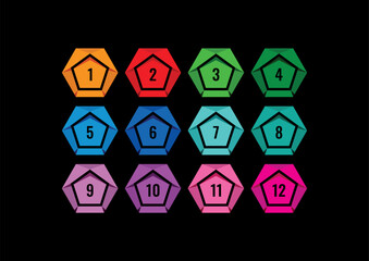 hexagons and numbers 1-12 on black background. numbers 1-12 in hexagons. numbers 1-12 for business, education world