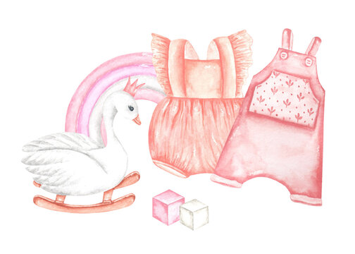 Naklejki Baby girl watercolor illustration. Baby clothes. Overalls, rompers. Kids toys. Rocking swan, rainbow, cubes. Birthday, baby shower. Pink, peach, gray colors. For printing on postcards, stickers