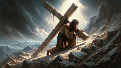 The Pain of Calvary: Painting of Jesus Carrying Struggling with his heavy Cross during his Passion on Good Friday. - obrazy, fototapety, plakaty