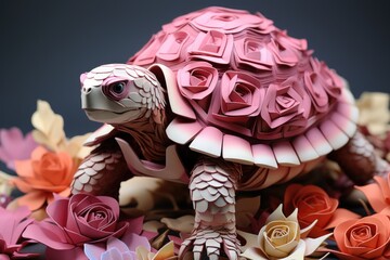 A turtle made out of paper flowers on a table