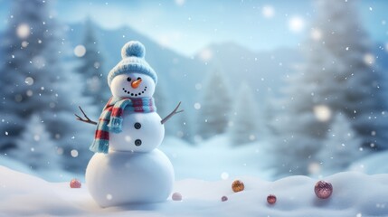 Naklejka na ściany i meble 3D Winter Christmas Background with Snowman: Bring the magic of the season to your designs with a snowman set in a snowy winter landscape.
