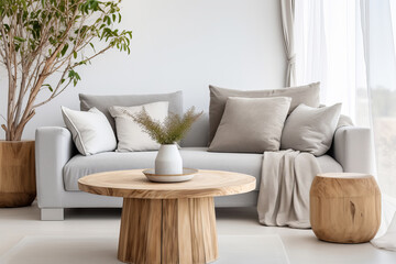 Minimal living room with Round wooden coffee table near sofa close-up. Natural interior decor and biophilic design