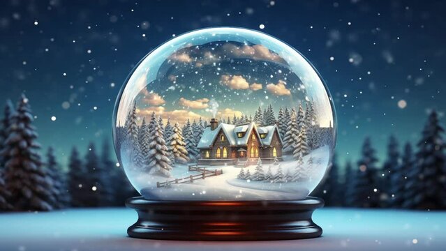 Crystal christmas ball, snowball with snowy Christmas tree and house inside. cartoon or anime watercolor illustration style looping video background