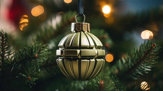 A golden christmas ornament resembling hand grenade hanging from a tree, AI