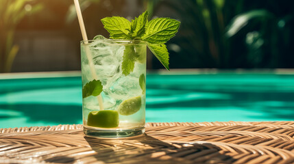Mojito cocktail against the backdrop of the pool. Refreshing alcoholic drink with mint, lime and ice. Cocotail at the resort