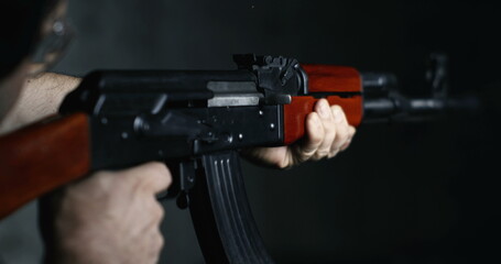 AK-47 Rifle Firing Captured in Ultra Slow-Motion 800fps, Shooter Aiming and Utilizing Speed-Ramp...